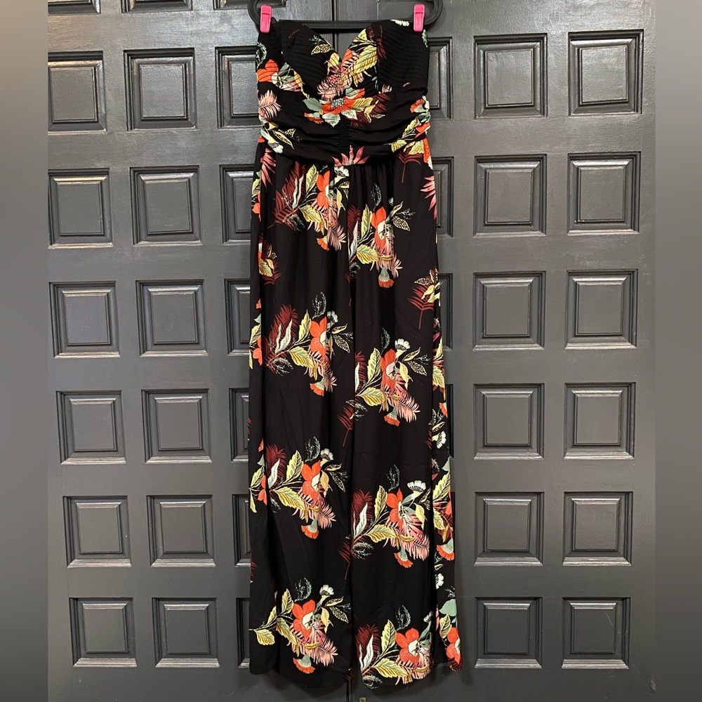 EUC wide leg black floral strapless jumpsuit XL